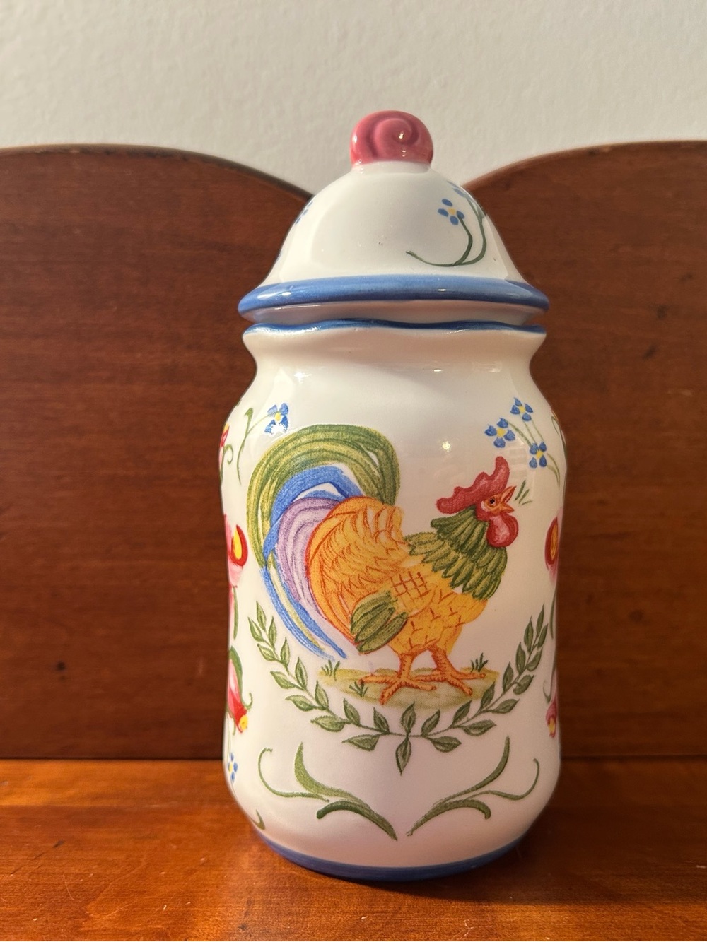 Hand-Painted Rooster Ceramic Canister - White with Multicolor Rooster